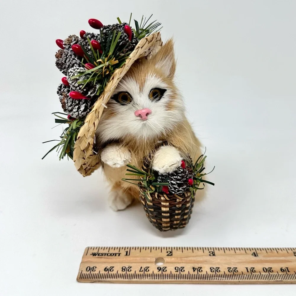 Vintage Miniature Real Fur Cat Figurine with Christmas Hat & Basket Buff White